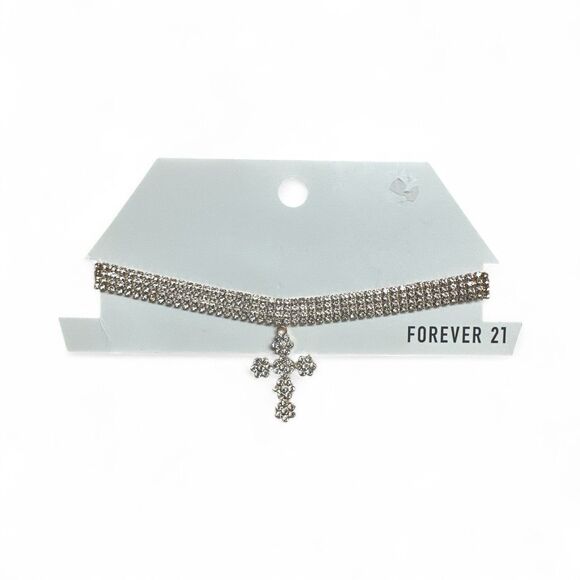 NEW Forever 21 Gold Tone Rhinestone Choker w/ Cross Pendant - Picture 1 of 3